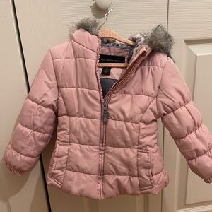 Light pink puffy coat w/ faux fur hood